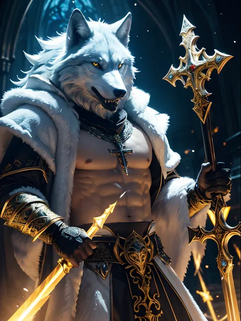 Photorealistic Production, Ultra Realistic Image of an Antropomorphic Wolf Priest, Bright White Fur Covering his Body, Lean Body Builds, Bright Amber Eyes, Intimidating Looking, (Grinning Wolf Face, Showing His Sharp Teeth), Wearing a Black Priest Outfit w...