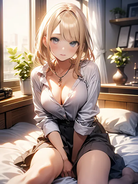 in 8K、top-quality、​masterpiece、ultra-detailliert、Ultra-high resolution、((1 persons))、girl with、a blond、makeups、耳Nipple Ring、a necklace、medium chest、White shirt、Unbutton、cleavage of the breast、Sit on the bed