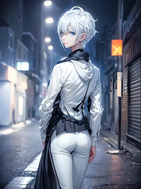 ((4K works))、​masterpiece、(top-quality)、One Beautiful Girl、Slim body、tall、((Black Y-shirt and white pants、Charming street style))、Please wear one jacket、Wearing a hood to hide his face、(Detailed beautiful eyes)、Midnight Walk、During the walk、((Walking under...