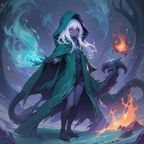 Young, cute, gray skin with black arms and feet, claws, long fluffy white hair, demongirl, thick long tail, large teal hood and cloak, naked underneath, demon feet, dark purple eyes, white pupils, holds fire in one hand and ice in the other, mischievous sm...