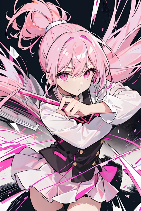 ，Single high ponytail，Pink hair，Dark pink bow hairpins，White color blouse，A short skirt blown up by the wind，Pick up the pink mech katana，Black stockings，Pull the knife，Destroy enemies in lightning，The body presses down，