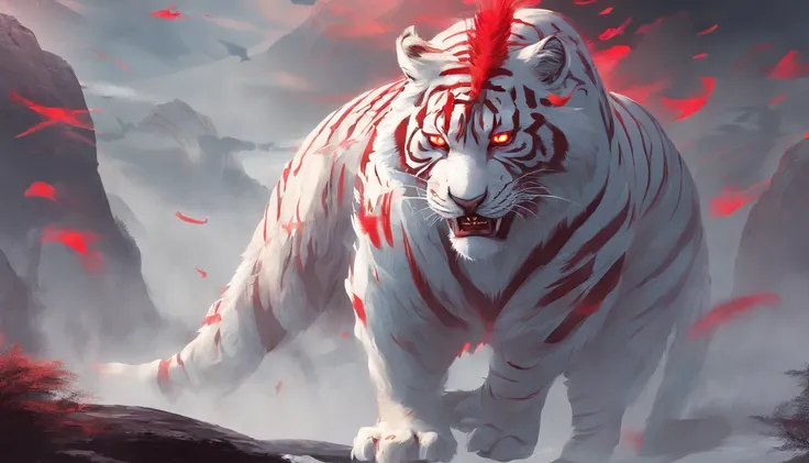 chinese style，Chinese mythology，White Tiger，roar，wild，Colossal，Red glowing eyes，Glow effect，High hills，cloud，night，中景The scene is，Full body like