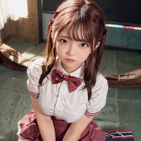 Twintail hairstyles,17 age, ((2 girls in))、(masutepiece, Best Quality:1.2), From  above, 8K, Official art, Raw photo, unbelievable Ridiculous, (Upper body, (Sailor Uniform), serafuku,  Idol face, arching back down, Pleated skirt,large full breasts:1.5、(Sch...