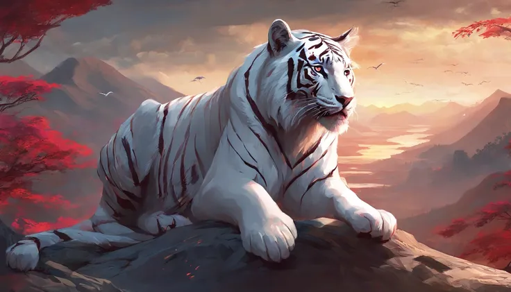 chinese style，Chinese mythology，White Tiger，Tiger Sming,roar，wild，Red glowing eyes，Glow effect，High hills，cloud，night，中景The scene is，Full body like，