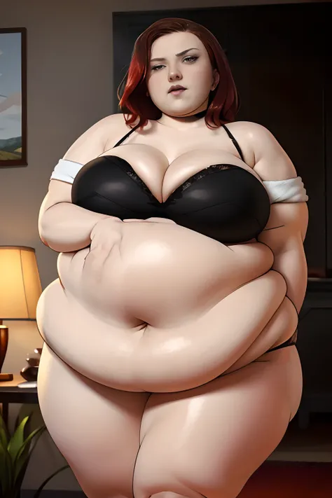 Scarlett Johansson, blushing, embarrassed face, goth girlfriend, goth girl, goth, black lipstick, short red hair, red hair, stuffed belly, big belly, round belly, very full belly, fat belly, flabby belly, obese, obese face, obese belly, (fat belly:1.4), ob...