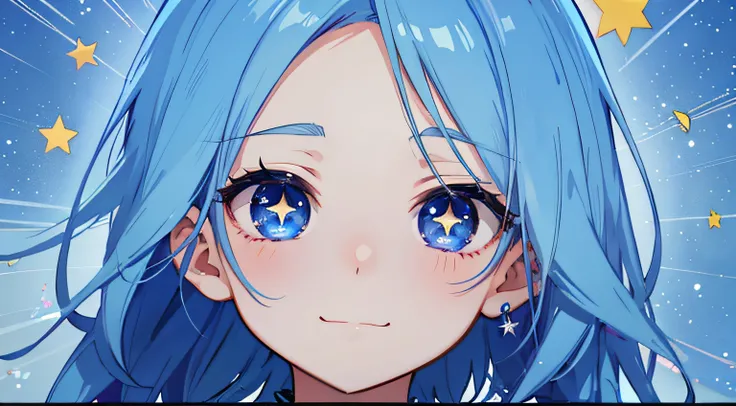 Anime man with blue hair and stars in the eyes, ahegao face, cool anime face, forehead、Ahegao, [[[[grinning evily]]]], cool realistic portrait, Cute art style, Very cool anime guy face, Cool anime faces, Cool natural anime face, stars in her gazing eyes, a...