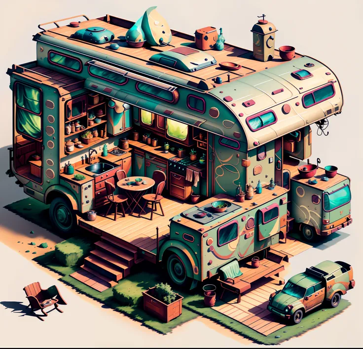 small motorhome illustration with kitchen and living area, concept art highly detailed, ultra detailed concept art, ultra detail...