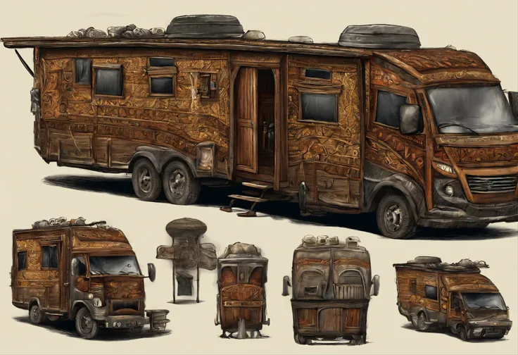 Small motorhome illustration with kitchen and living area, concept art highly detailed, Ultra detailed concept art, Ultra detailed concept art, highly realistic concept art, concept art style, bussiere rutkowski andreas rocha, 8 K high detail concept art, ...