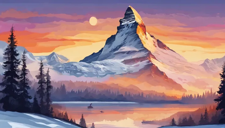 Matterhorn with climbers, sunset, flat design poster, not too complex, modern, 4k, epic composition, flat vector art illustration, very realistic, vibrant colours, long shot