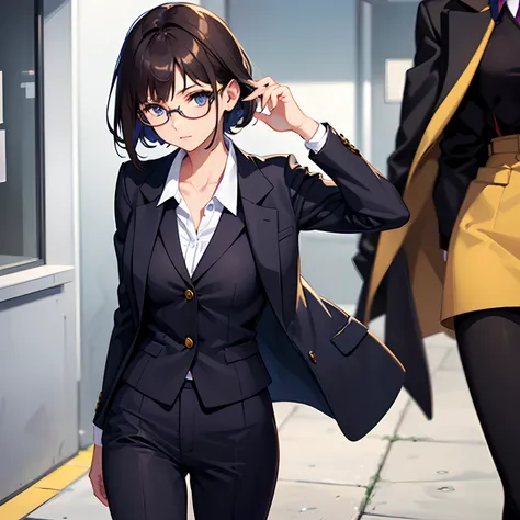 A young girl who looks smart with short dark brown hair, wears glasses and a dark blue suit with a few gold accents. Her eyes have two colours