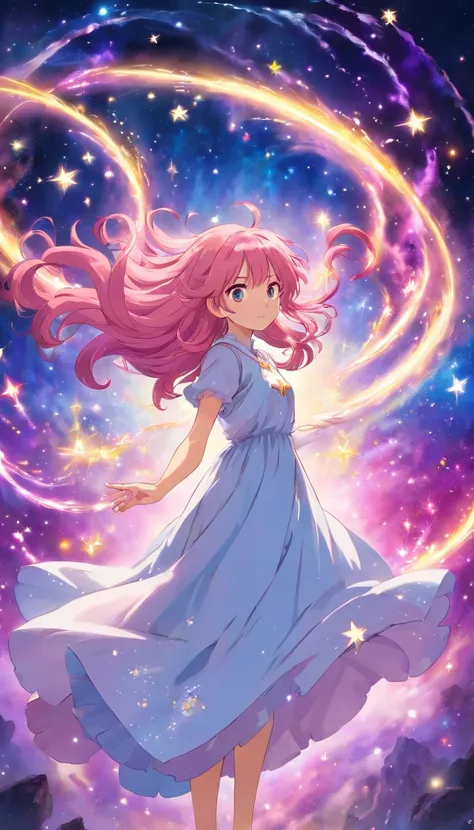 (best quality,ultra-detailed),female character,pink hair,anime style,cosmic nebulae,star background,sparkling eyes,flowing dress,magic staff,long flowing hair,colorful and vibrant,ethereal lighting