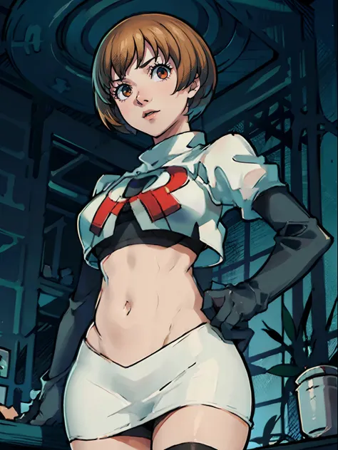 face of satonaka chie, 1girl,team rocket,team rocket uniform, red letter R, white skirt,white crop top,black thigh-highs,black elbow gloves, looking down on you , one hand on hip