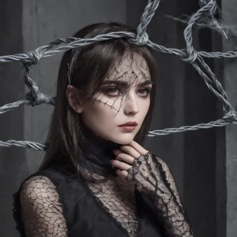 Girl with gothic net symbolic clothes, 。.。.com (Barbed wire of the body) brunette color hair，Gray hair ends