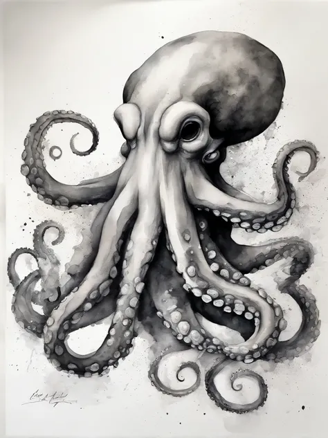 An octopus formed by smoke，（Abstract），smoke explosion，Smoke surrounds the octopus，Nuclear contamination，fuzzy，white backgrounid，Black and white gray