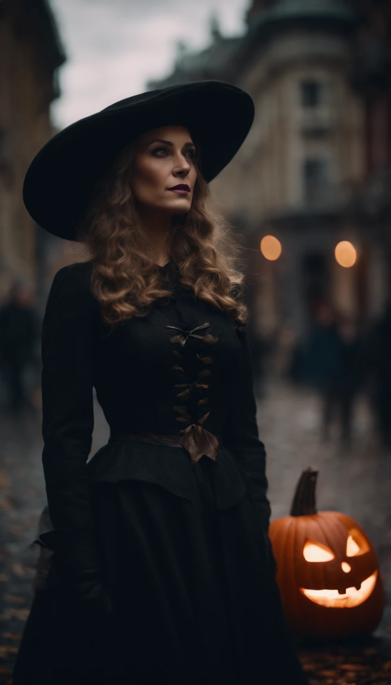 Haunted city Halloween with a female witch