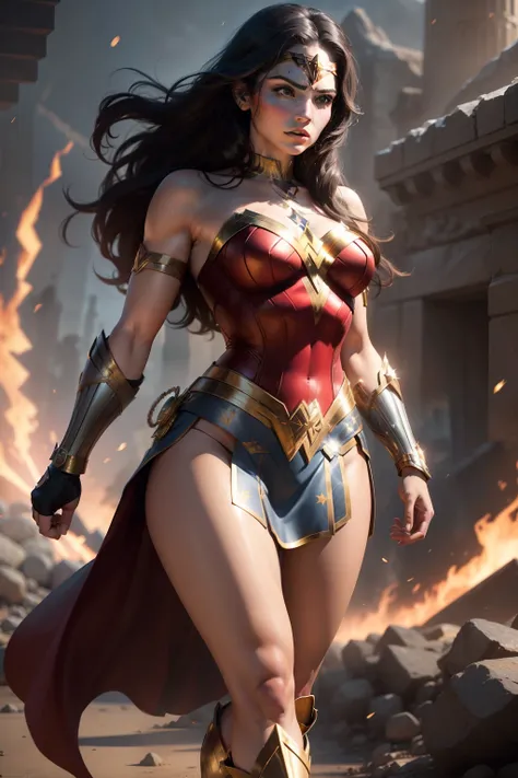 Generate a masterpiece in the best quality, achieving a photorealistic and cinematic appearance with ultra-detailed features, rendered in 8k resolution. The composition should be a wide shot, capturing Wonder Womans full body in a dynamic and powerful pose...