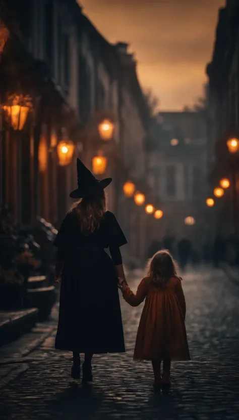 Halloween Haunted City with a Witch and a Little Girl