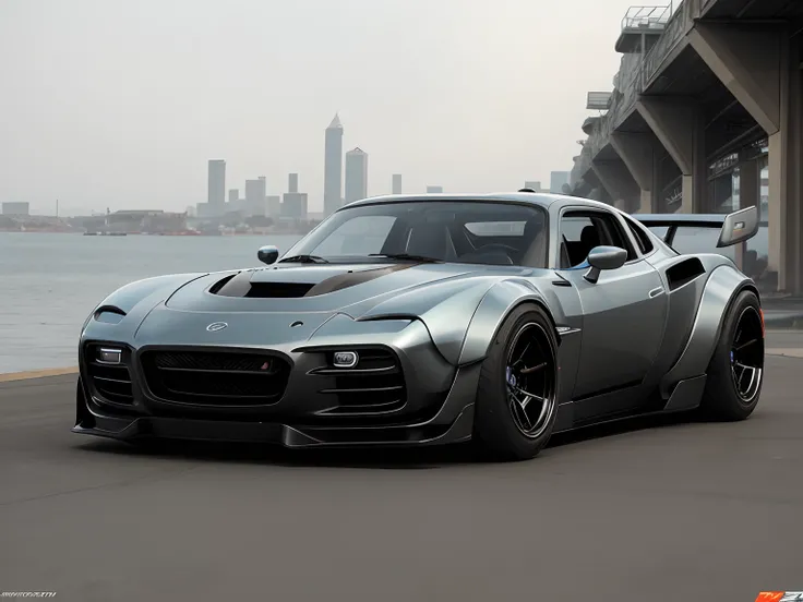 In the parking lot((Futuristic Cyberpunk Hot Rod Zeekars))(With glowing tires)3 of/4Front view、personification、MAZDA RX-7