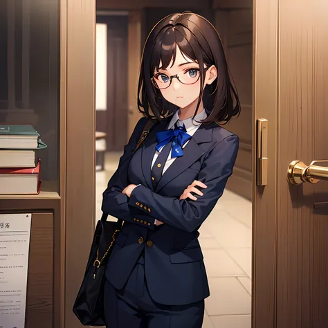 A young girl who looks smart with short dark brown hair, wears glasses and a dark blue suit with a few gold accents. Her eyes have two colours