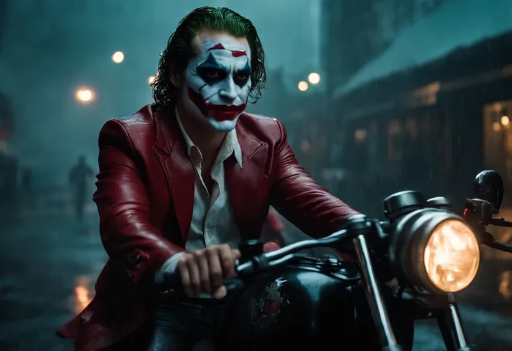 Joaquin phoenix in joker and harley quinn riding a monster motorbikes togather, joker paint on the face, joker style, harley quinn suit, rain day, wet, action moment, dramatic couple hotography, arkham city, detailed face and eyes, perfect anatomy, perfect...