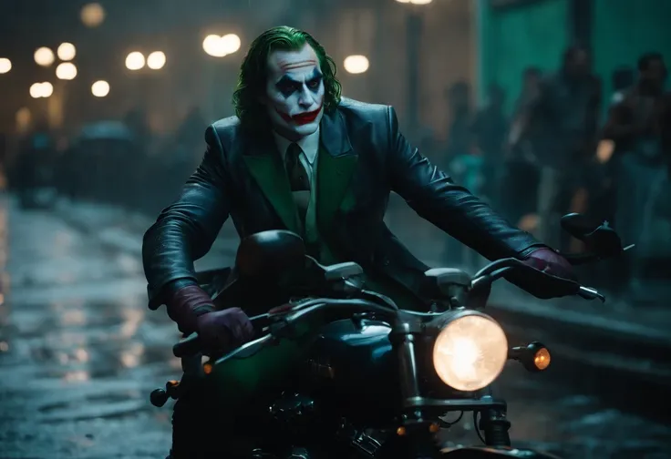 Joaquin phoenix in joker and harley quinn riding a monster motorbikes togather, joker paint on the face, joker style, harley quinn suit, rain day, wet, action moment, dramatic couple hotography, arkham city, detailed face and eyes, perfect anatomy, perfect...