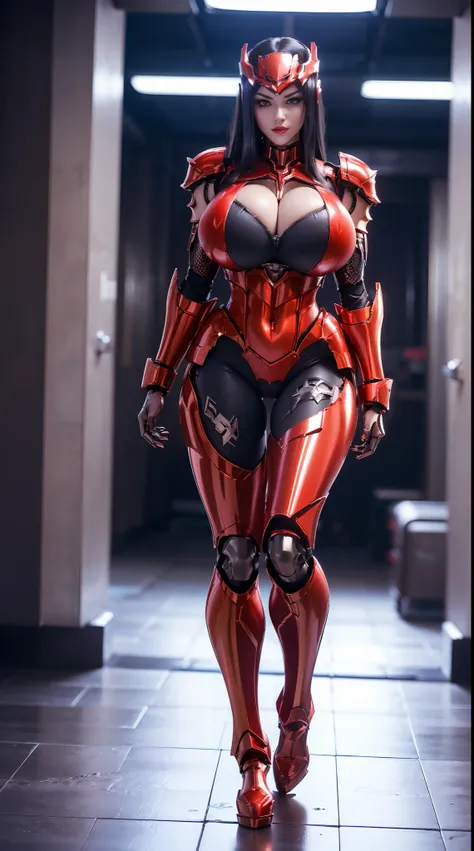 1GIRL, SOLO, (ssmile, makeup, beautifull eyes, red libs, black hair), (phoenix mecha helm:1.2), (BIG BUTTOCKS, MUSCLE ABS, HUGE BOOBS:1.5), (MECHA GUARD ARM:1.3), (red), (MECHA CYBER SHINY ARMORED SUIT, CLEAVAGE, MECHA SKINTIGHT PANTS, MECHA GUARD ARMOR LE...