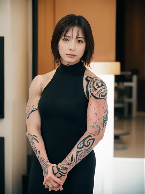 Woman walking by the pool、((Full body shot:1.3))、People with Japan、((Muscular woman like male bodybuilder:1.8))、Thick arms with sculpted muscles:1.3、Sculpted muscular thick thighs:1.3、((Full-body Japanese tattoo:1.8))、beautifull asian girl ever、(Super huge...