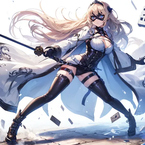 (masutepiece, Best Quality), (Perfect athlete body:1.2), (detailed hairs), Ultra-detailed, Anime style, Full body, Blue Eyed Blonde Girl, Gorgeous clothes, Rapier, Wear a black eye mask, The mouth is exposed, Strange thieves, Standing in the wasteland, Wea...