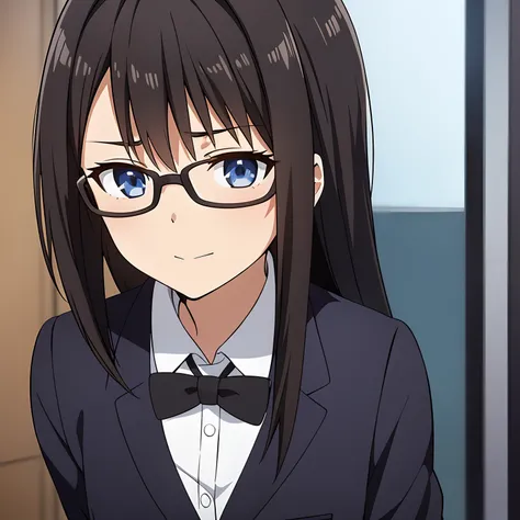 A young girl who looks smart with short dark brown hair, wears glasses and a dark blue suit with a few gold accents. Her eyes have two colours