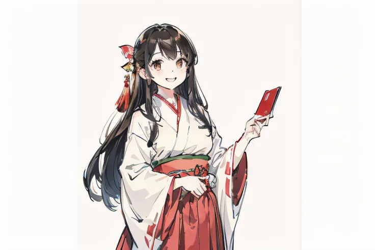 Girl in her 20s、long red skirt、Hold out a single photo to the camera、Fluffy smile、thick long hair、White kimono、simple background