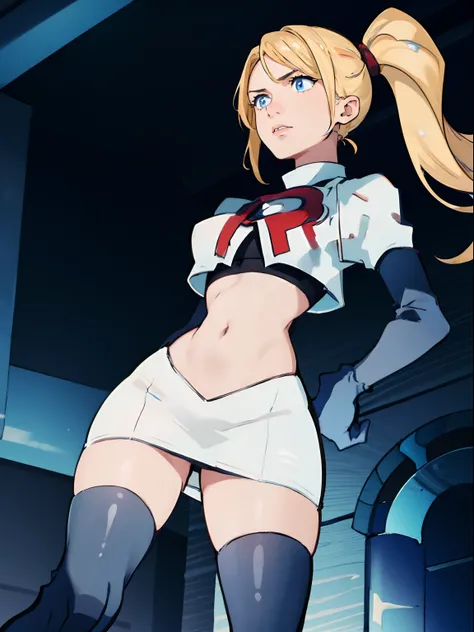 face of samus aran, ponytail hair, 1girl,team rocket,team rocket uniform, red letter R, white skirt,white crop top,black thigh-highs,black elbow gloves, looking down on you