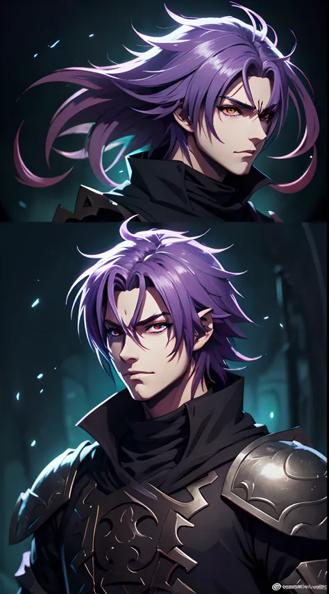 Extremely detailed artwork, best quality, 8k: Anime character with purple hair and glowing eyes against dark background, handsome guy in demon slayer art, epic fantasy art style epic, badass anime 8k, epic fantasy digital art style, detailed anime digital ...