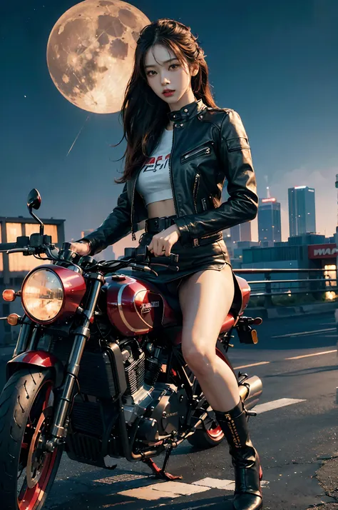 (best quality,highres,masterpiece:1.2),ultra-detailed,(realistic,photorealistic,photo-realistic:1.37),red cafe racer motorcycle being driven by a rebellious woman,extremely detailed body and chassis,futuristic Western landscape with vibrant colors and high...