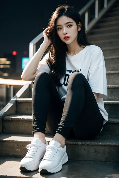 23 years old girl, beautiful, (long face:0.5), long black wavy hair, brown eyes, upturned eyes, straight thin eyebrows, no make up, white oversize t-shirt, black sweet pants, white sneakers, sit on stairs, night city, cyberpunk vibes, (photorealistic:1.2),...