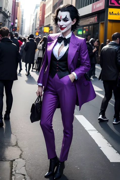 Joker dressed as a girl, full body shot, on the crowded street, giga_busty