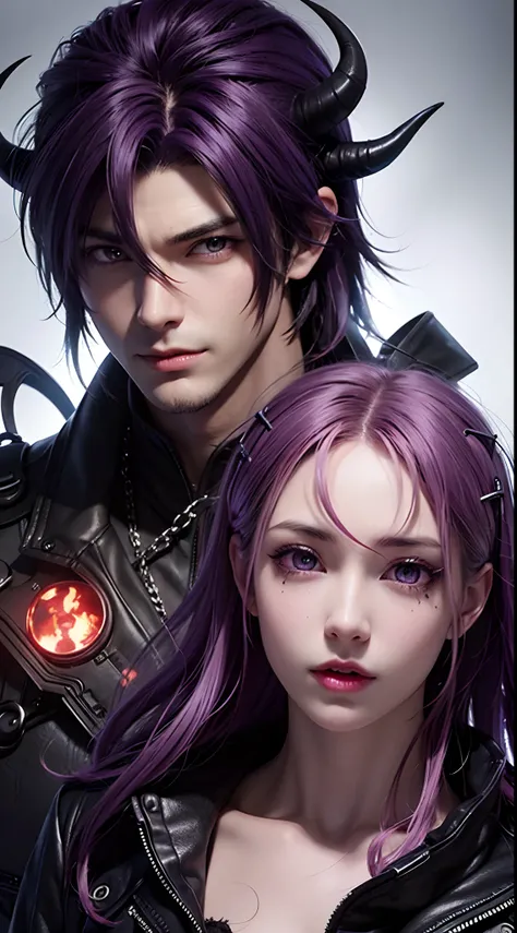 Extremely detailed post-apocalyptic artwork, best quality, 8k: Anime character with purple hair and glowing eyes on dark background, Handsome guy in the art of killing demons, Epic art style fantasy epic, anime badass 8k, Epic fantasy digital art style, An...