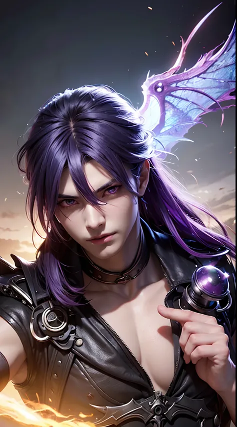 Extremely detailed post-apocalyptic artwork, best quality, 8k: Anime character with purple hair and glowing eyes on dark background, Handsome guy in the art of killing demons, Epic art style fantasy epic, anime badass 8k, Epic fantasy digital art style, An...