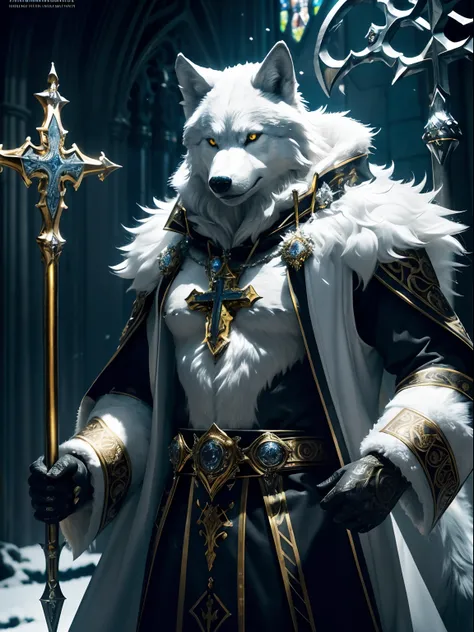 Photorealistic Production, Ultra Realistic Image of an Antropomorphic Wolf Priest, Bright White Fur Covering his Body, Lean Body Builds, Bright Amber Eyes, Intimidating Looking, (Grinning Wolf Face, Showing His Sharp Teeth), Wearing a Black Priest Outfit w...