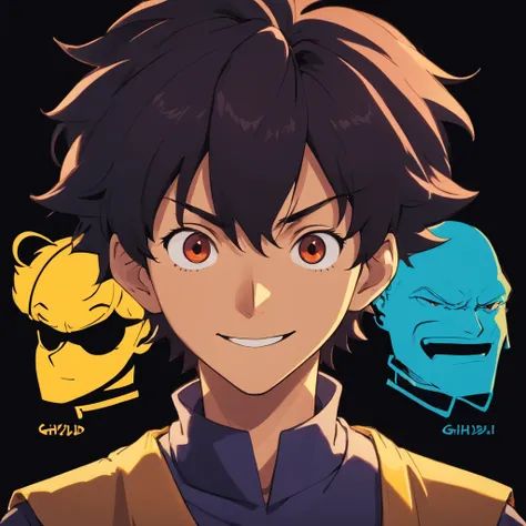 Dark black background , Front view, fundo branco, anime, estilo cowboy bebop,expression sheet face , anime boy , boy , smile