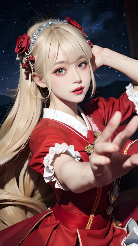 (​master piece:1.2, Best Quality), Realistic, (real picture, Intricate details, depth of fields), highly-detailed, (night time, starry skies), ((red Lolita Dress, puff sleeves)), (Neat face), (Teenage Japanese girl dancing under the stars at late night), (...