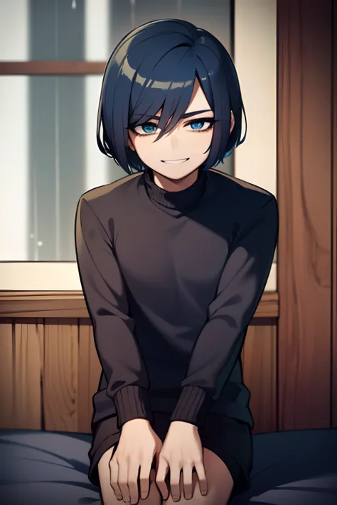 young man, masculine,  bob haircut, blue hair, black sweater, blue pants, 4k, In a room, Sit on the bed, brown wooden walls, 4k, rain on the window in the background, distracted smile face ,