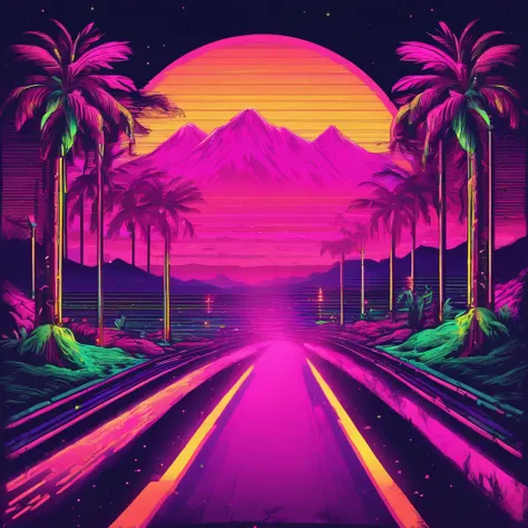 retro wave, road, city, pink and green neon lights, sun, mountain, night sky, futuristic, (masterpiece, ultra detailed, high resolution)