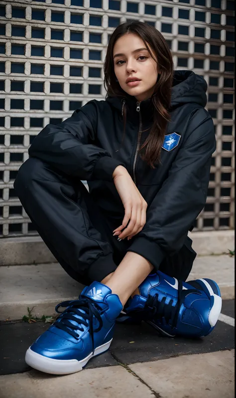 Arafed woman sitting on the floor in a black and blue outfit, preto e azul, azul e preto, sneaker photo, blue footwear, Fotografia de uma mulher techwear, 2 mulheres techwear, Retrato Sophie Mudd, wearing a tracksuit, Azul escuro e nas proximidades, Retrat...