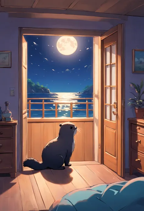 Fotorrealista,stickfigure,anime big breast,Cute little sea otter,(natta,Moonlight poured in from the little sea otters bedroom window,Illuminated a corner of the room)