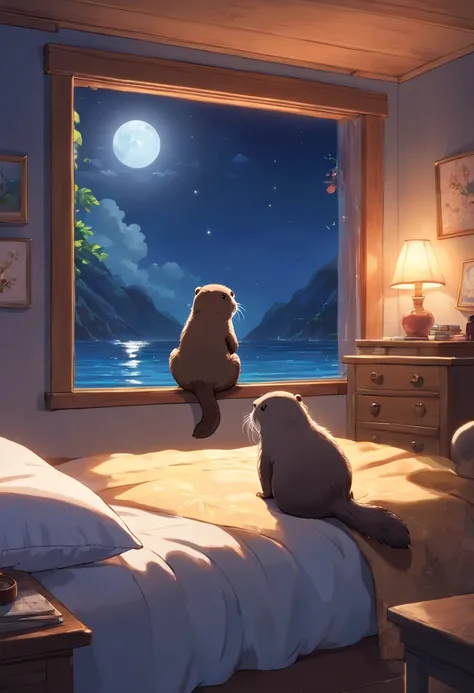 Fotorrealista,stickfigure,anime big breast,Cute little sea otter,(natta,Moonlight poured in from the little sea otters bedroom window,Illuminated a corner of the room)