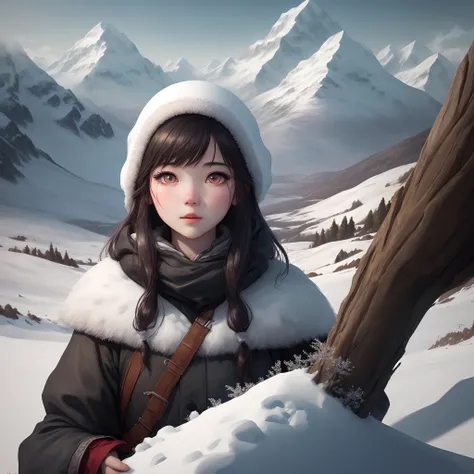 Best Quality, Illustration, Dark, girl with, In the wilderness,High hills,Snow-capped mountains in the distance々,Beautiful detailed eyes, beautiful detailed hair,