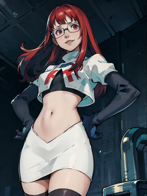 face of yoshizawa sumire, long hair, glasses, 1girl,team rocket,team rocket uniform, red letter r, white skirt,white crop top,bl...