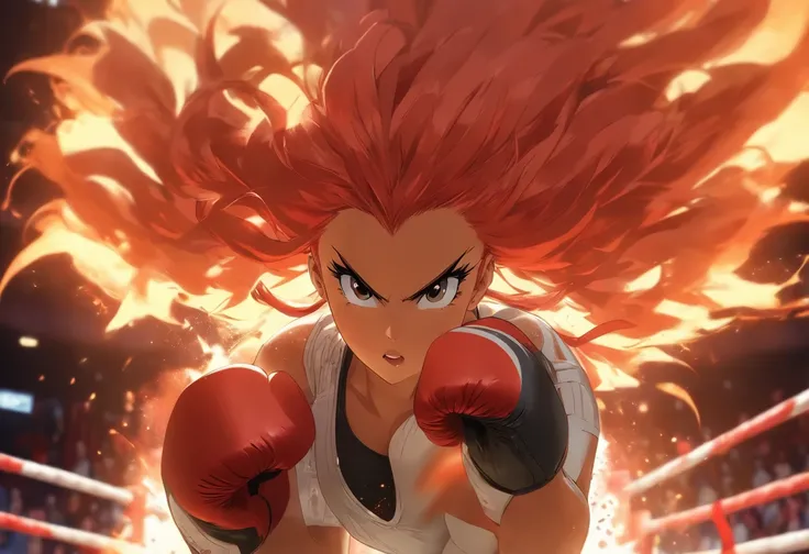 Akiko “The Phoenix” Suzuki: A young woman with long, fiery red hair tied in a high ponytail. She’s wearing boxing gloves and a determined look on her face as she stands in a modern boxing ring.teeth, missing hand, missing arm, splitting
arm, wrong anatomy,...