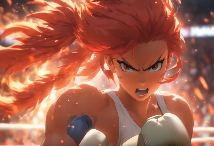 Akiko “The Phoenix” Suzuki: A young woman with long, fiery red hair tied in a high ponytail. She’s wearing boxing gloves and a determined look on her face as she stands in a modern boxing ring.teeth, missing hand, missing arm, splitting
arm, wrong anatomy,...