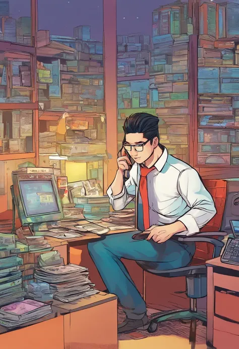 A business salaryman in his 30s is operating a computer。